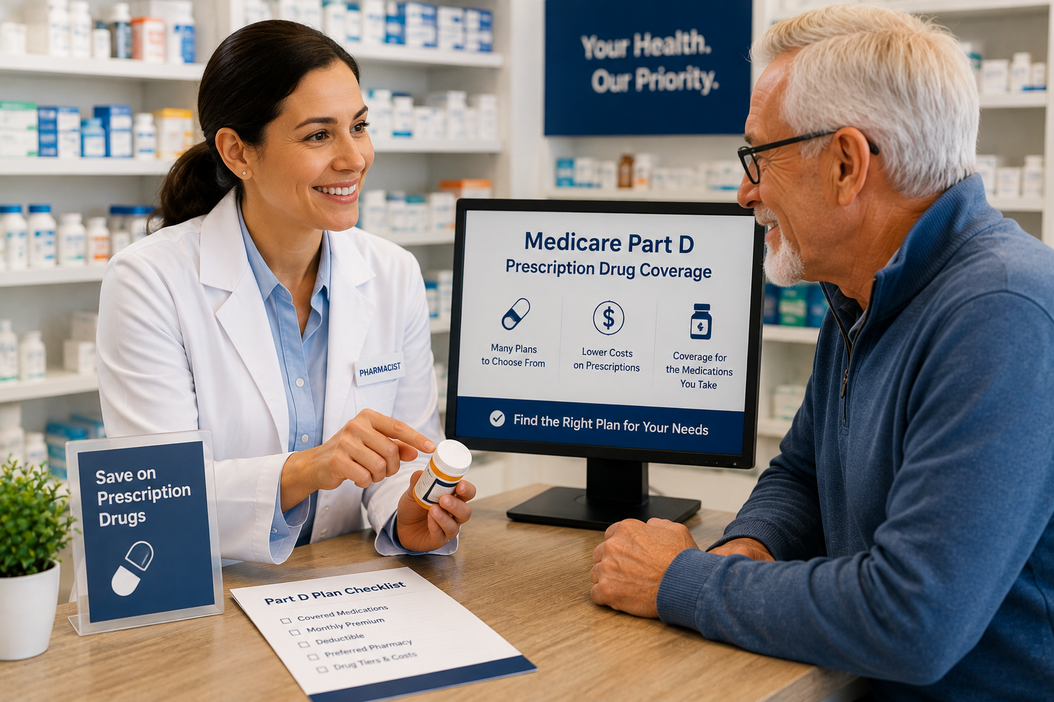 Pharmacist helping a senior save money on Medicare Part D prescriptions